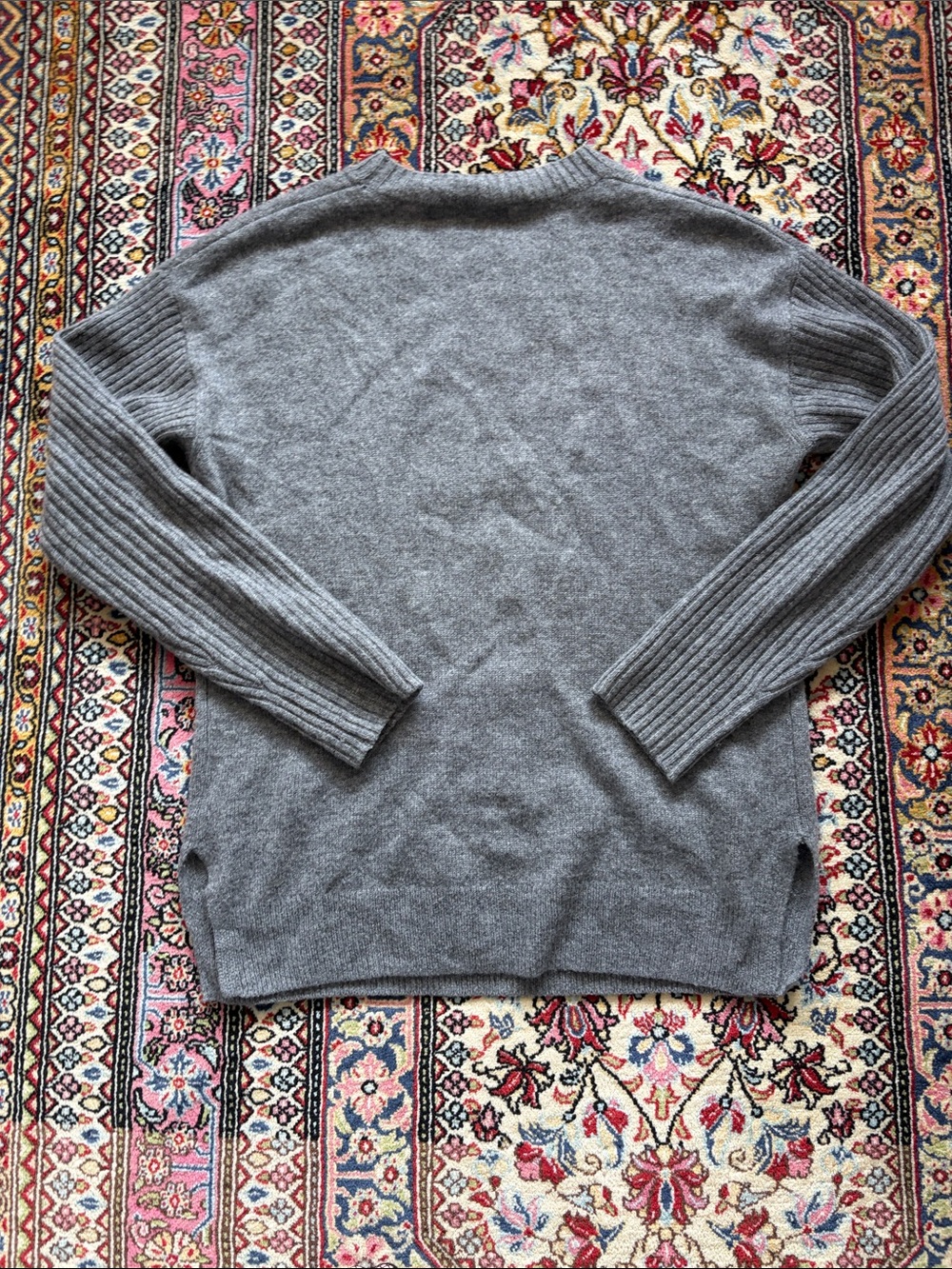 Skull Cashmere Gray Crewneck Sweater with Black Skull and Pink Roses - Picture 3 of 3